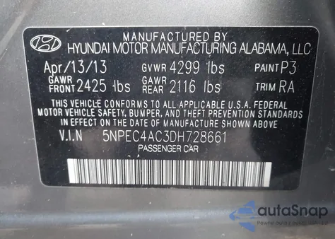 2013 Hyundai Sonata Se from USA, damaged, VIN 5NPEC4AC3DH728661